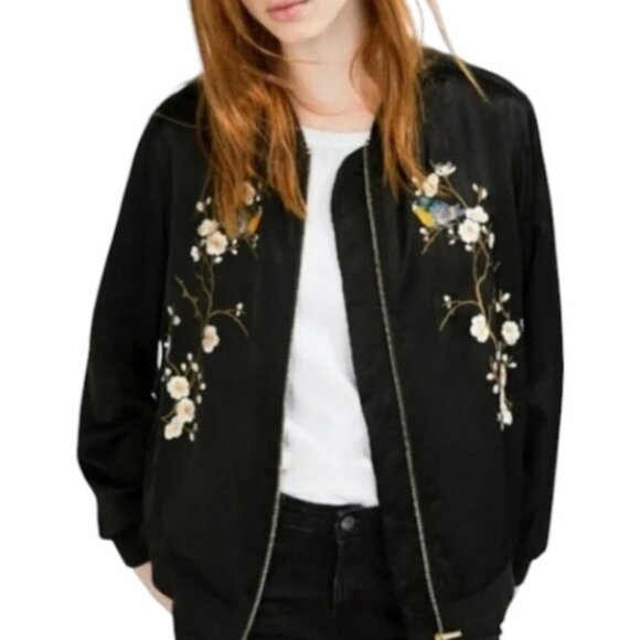 Zara black embroidered floral bomber jacket size M - Picture 1 of 3